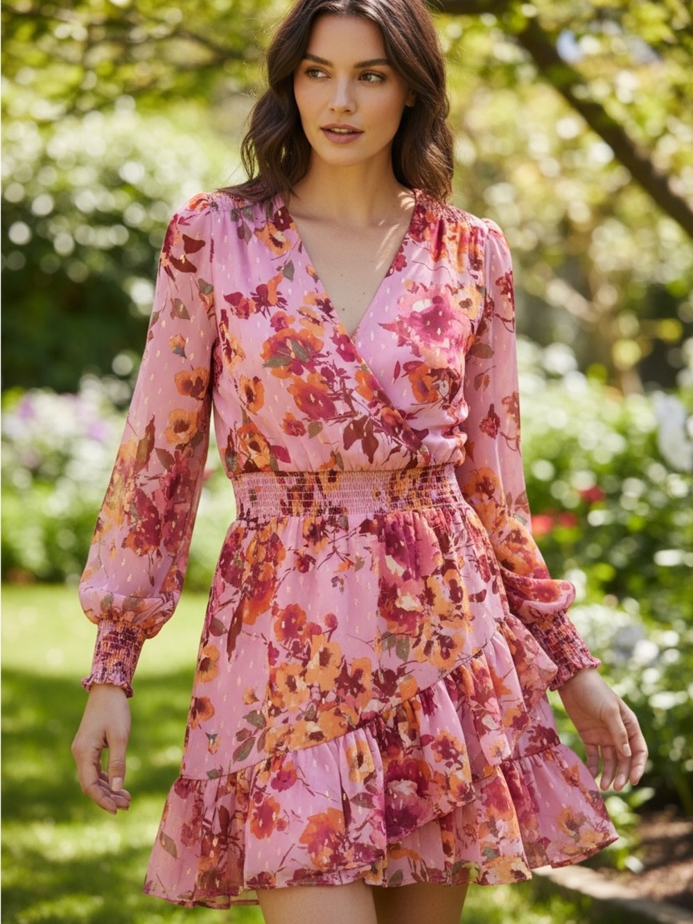 Vince Camuto Pink Floral Wrap-Style Ruffle Mini Dress